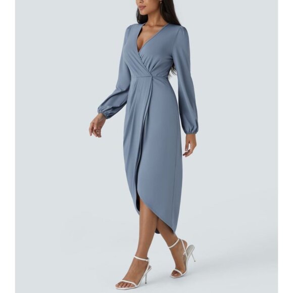 Halara V Neck Long Sleeve Tulip Hem Midi Dress Sz Medium Blue Womens - Picture 5 of 16